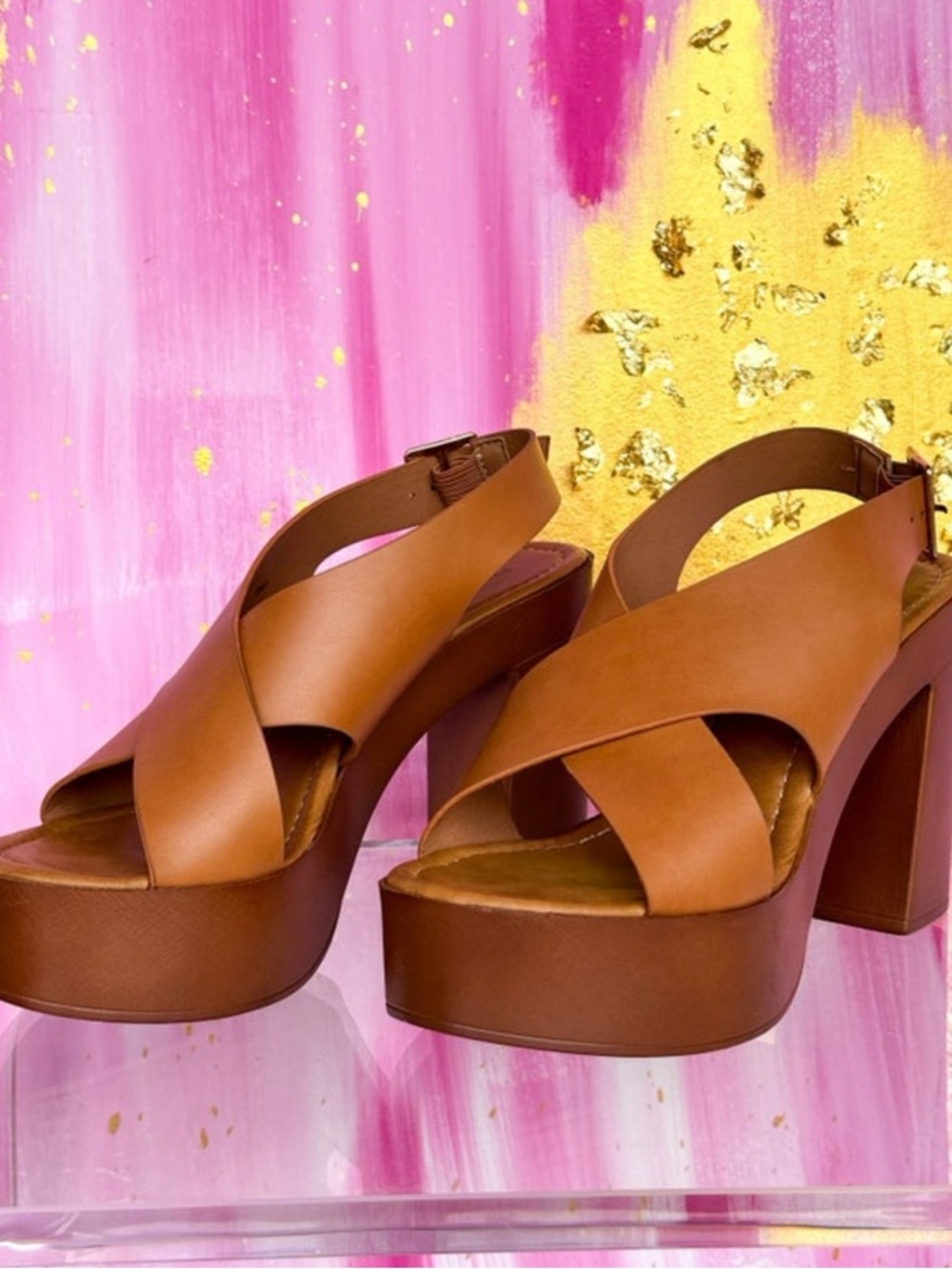 Pierre Dumas Tan Platform Block Heel Sandals | 4” Heel | Size 11